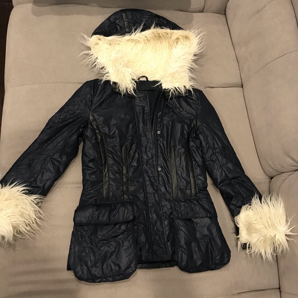 L.A.M.B navy fur trim coat